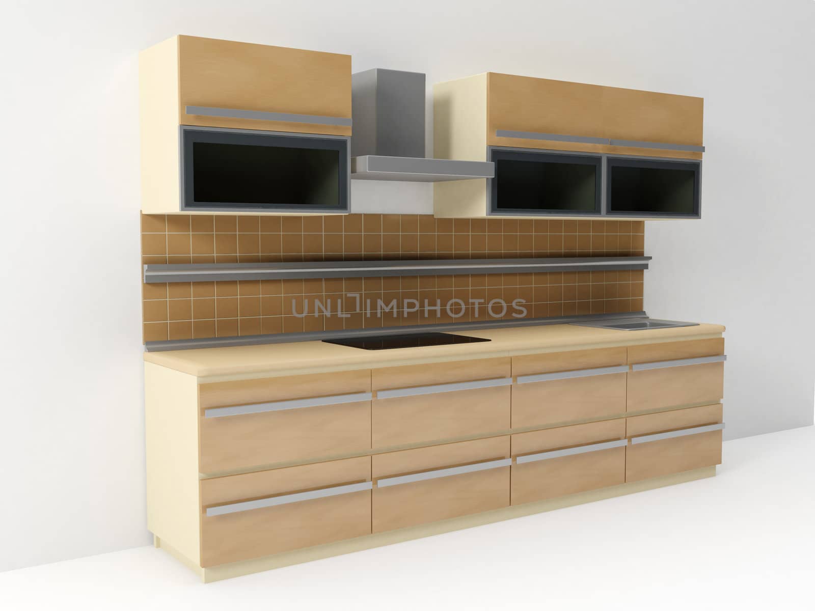 3d illustration: kitchen, in a white room