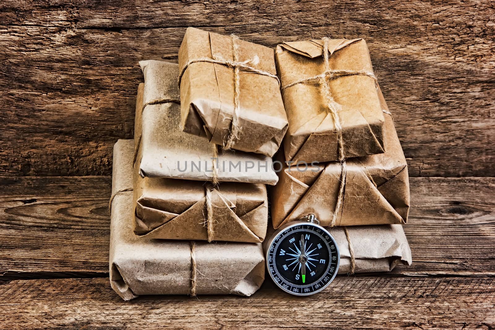 Postage on the background of an old wooden board