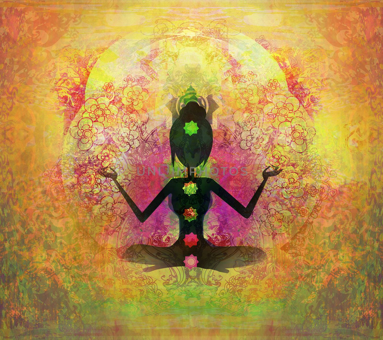 Yoga lotus pose. Padmasana with colored chakra points.