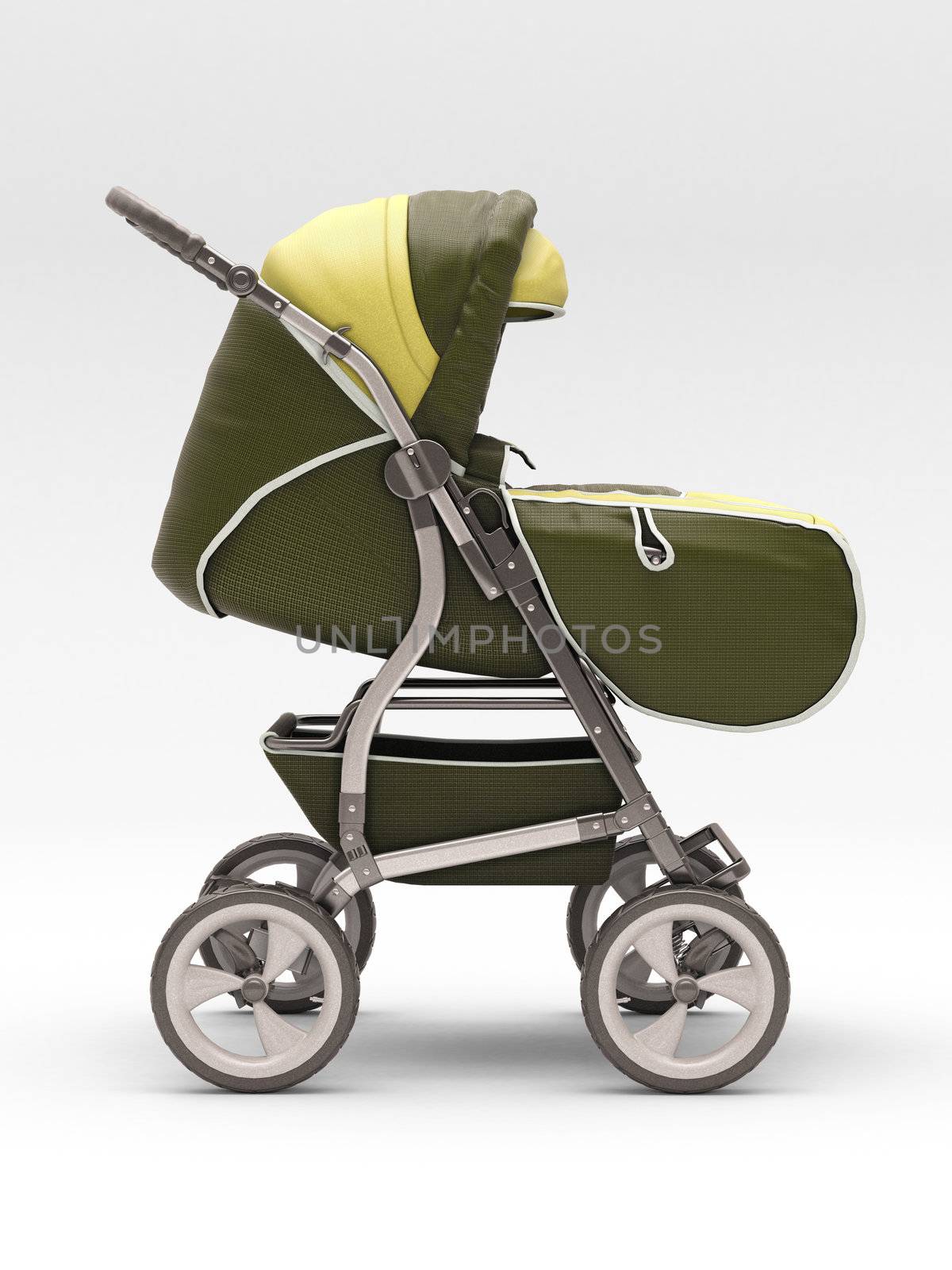 Children stroller closeup on a light background