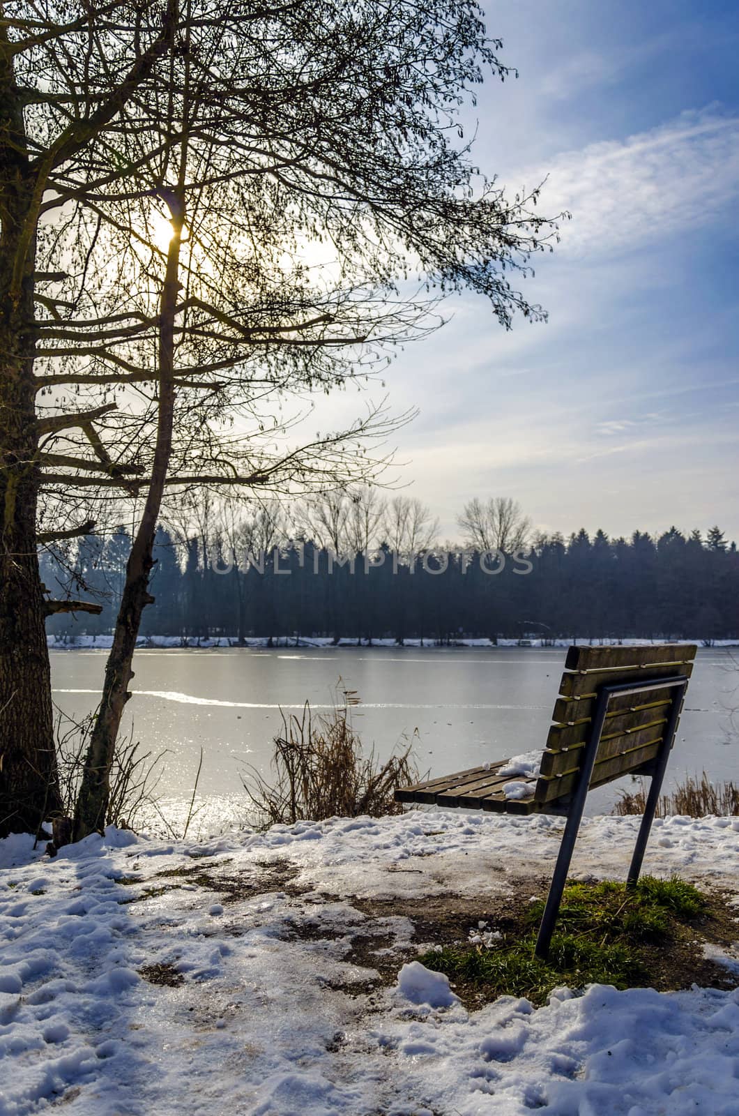 Lonely bench at lake shore in winter time.
