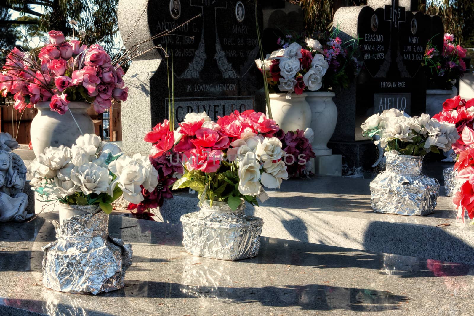 Home Crafted Flower Memorials at Cemetery.