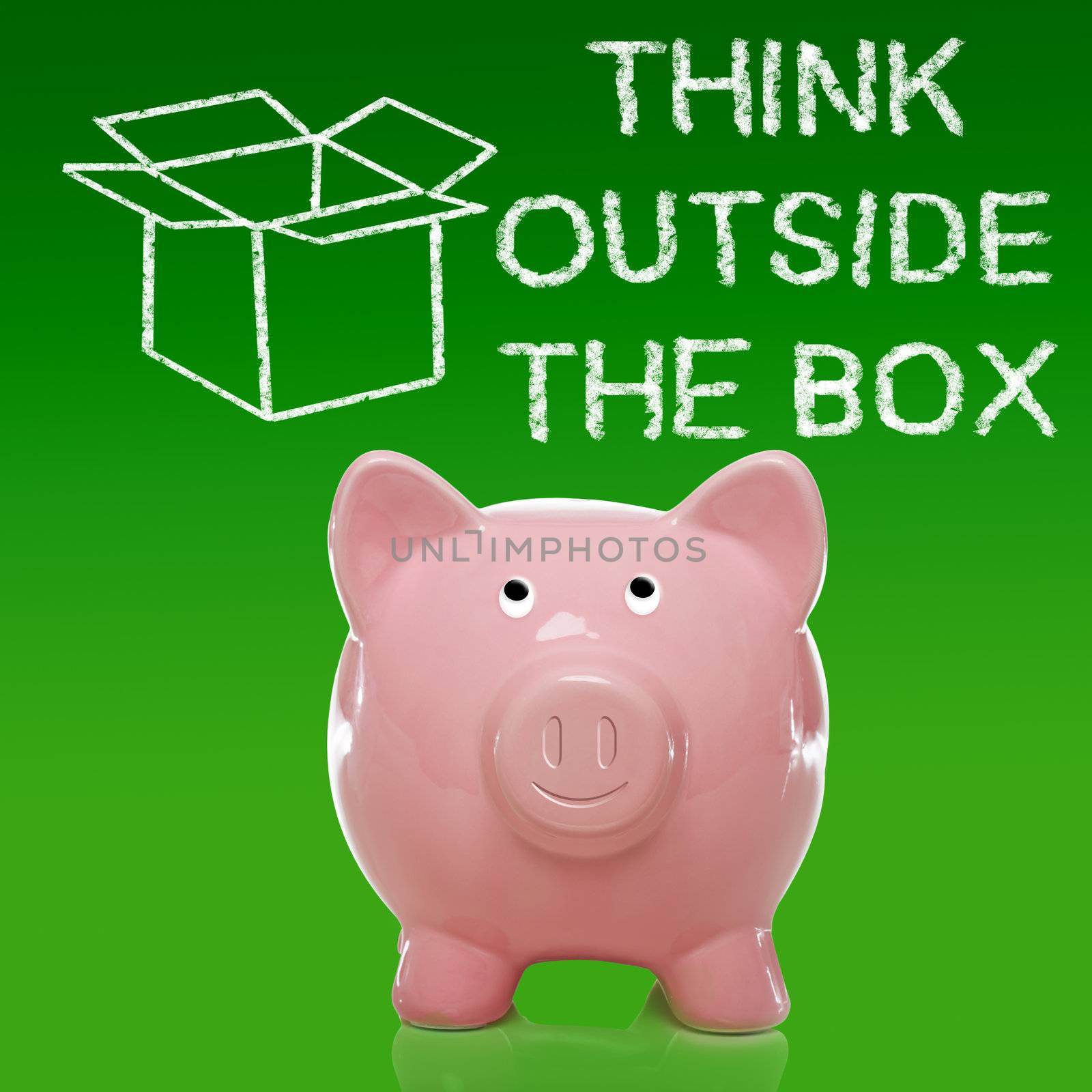 Smiling Piggy bank with thinking outside the box on green background