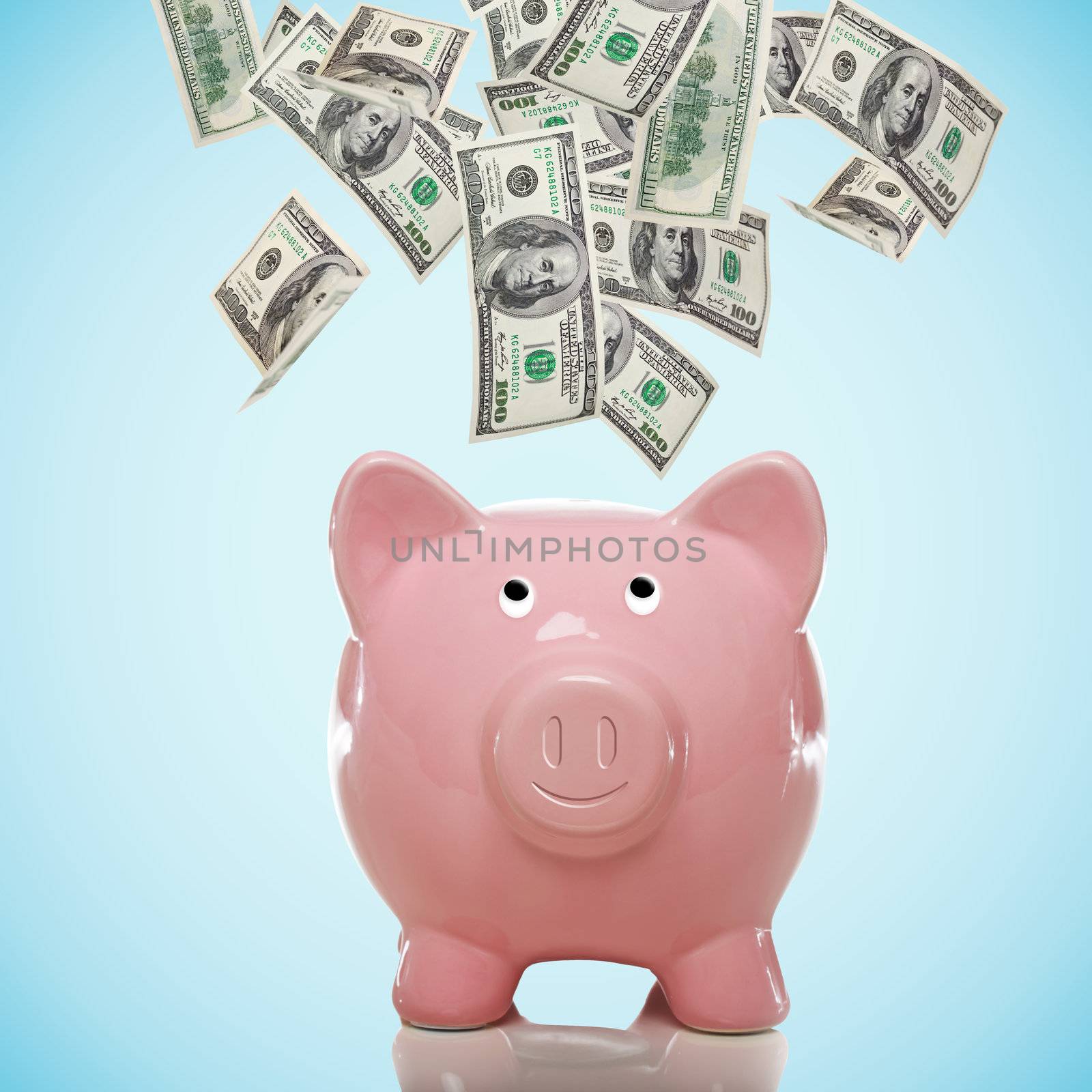 Piggy bank with hundred dollar bills by melpomene