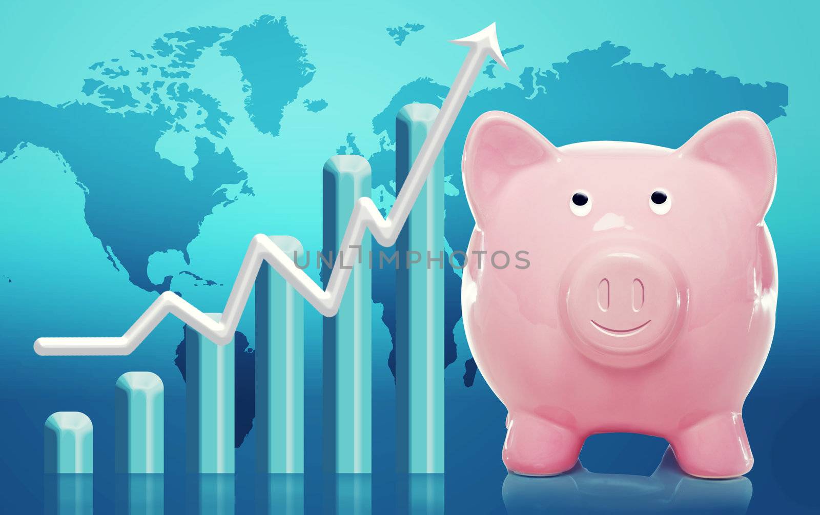 Smiling Piggy bank with bar graph and rising arrow