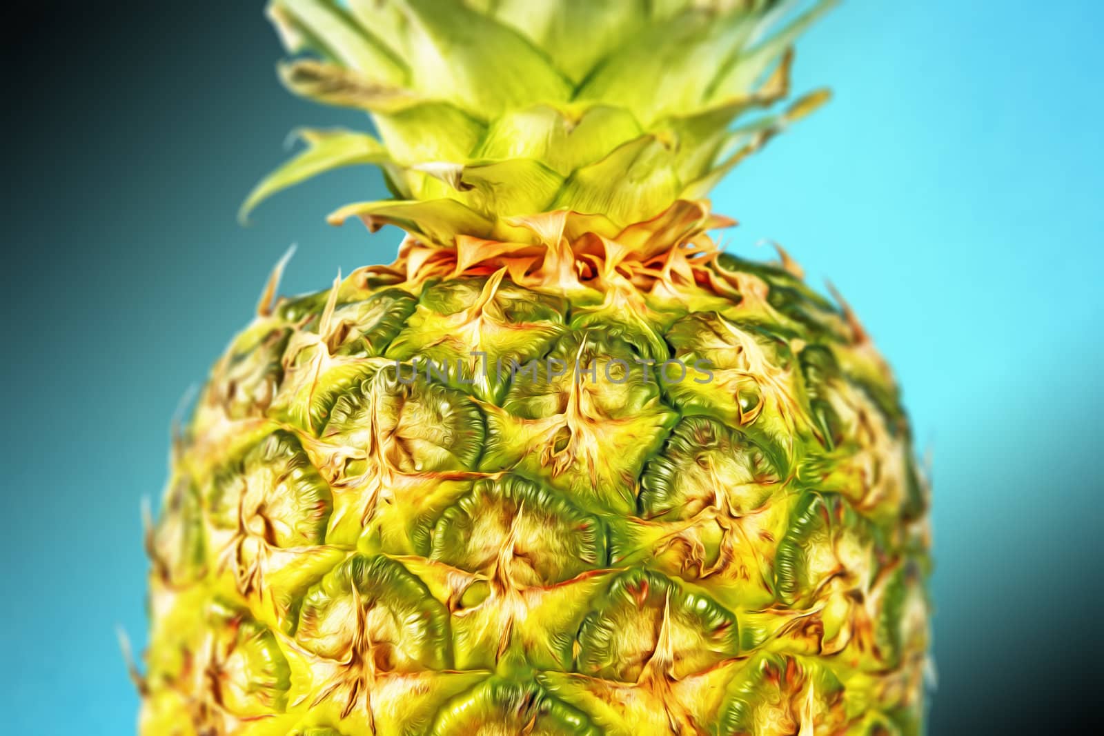 Closeup studio picture of a pineapple with blue background