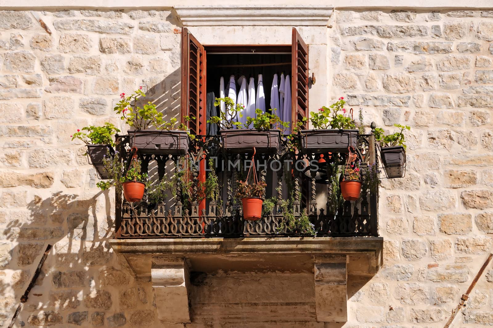 Old balcony with flowers and plants by Sevaljevic