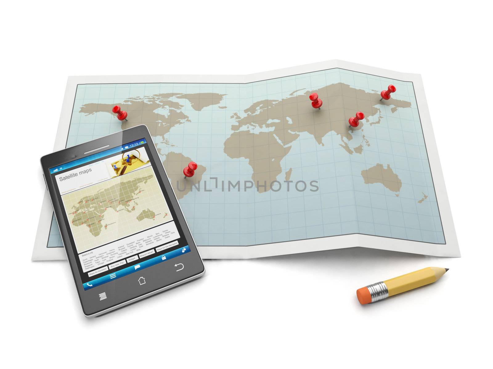 Maps and navigational charts. Mobile phone and search for the location map
