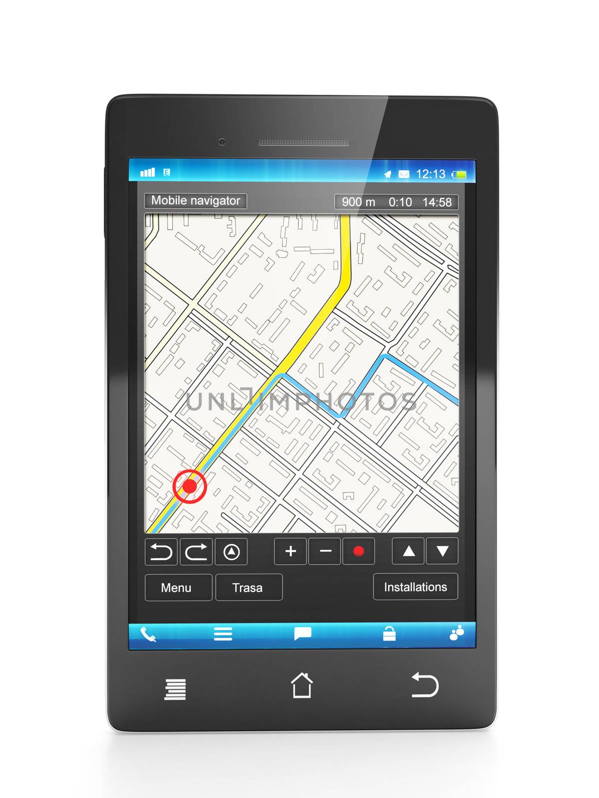 Mobile Navigator. Mobile phone close-up navigation map on a white background