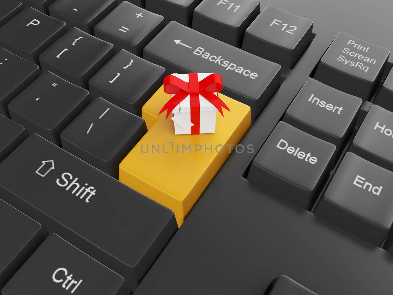 Computer technology. Keyboard with a gift Enter key to send a gift to a friend