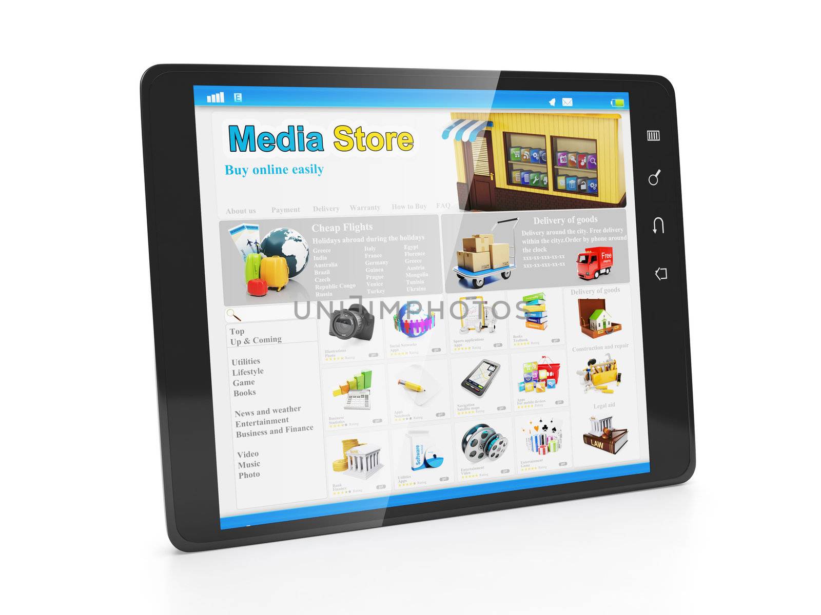 Store media applications. Tablet PC with an open webpage copper store