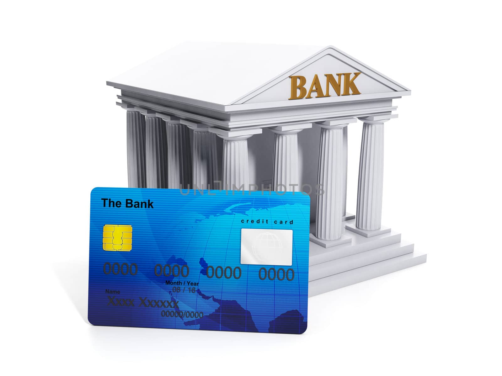 The symbol of the bank. Credit card and bank close-up on white background