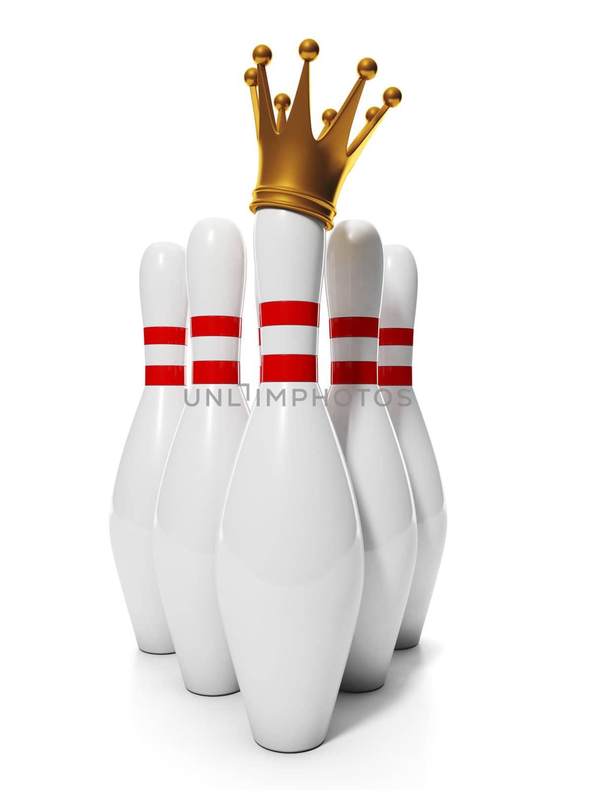 King of Bowling. Group of bowling pins and a golden crown on the same pins