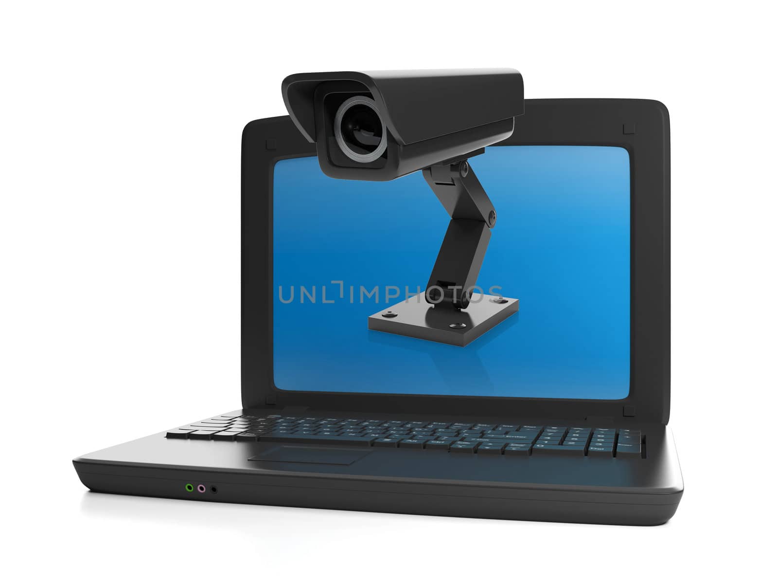 3d illustration of computer technologies. Installing CCTV, laptop and camera