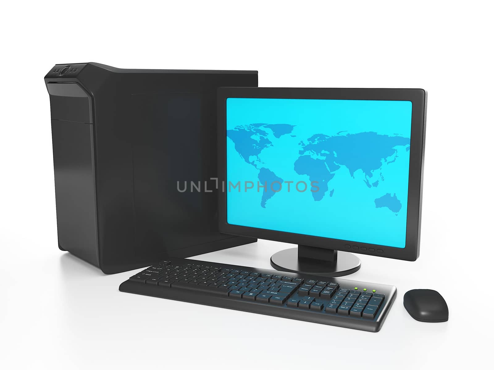 3d illustration of computer technology. A computer connected to the Internet
