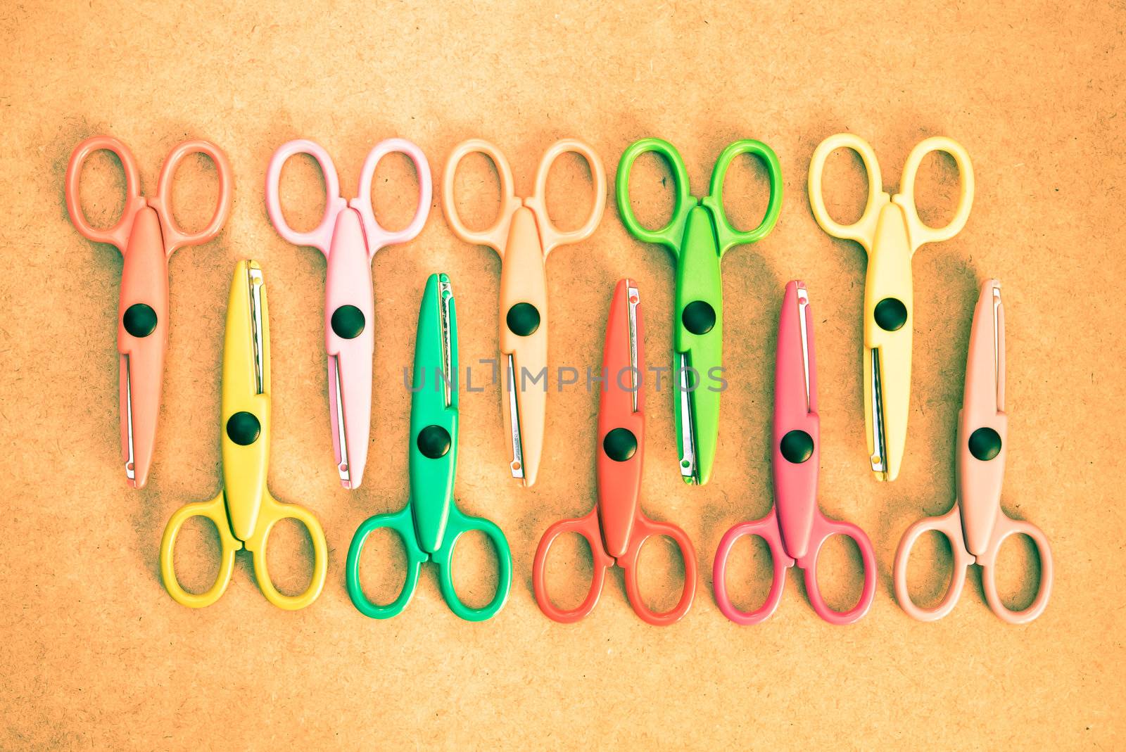 Collection of coorful children's plastic scissors