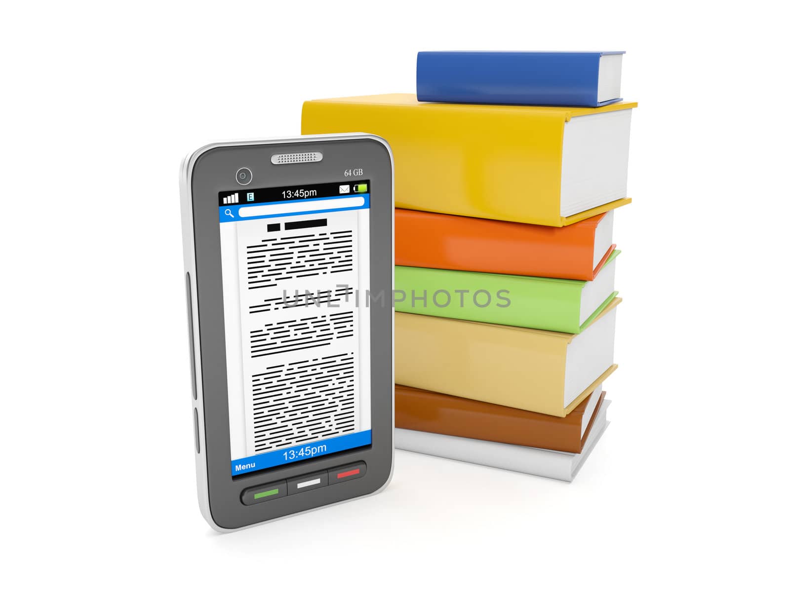 3d illustration: E-Books. Mobile phone and a group of books