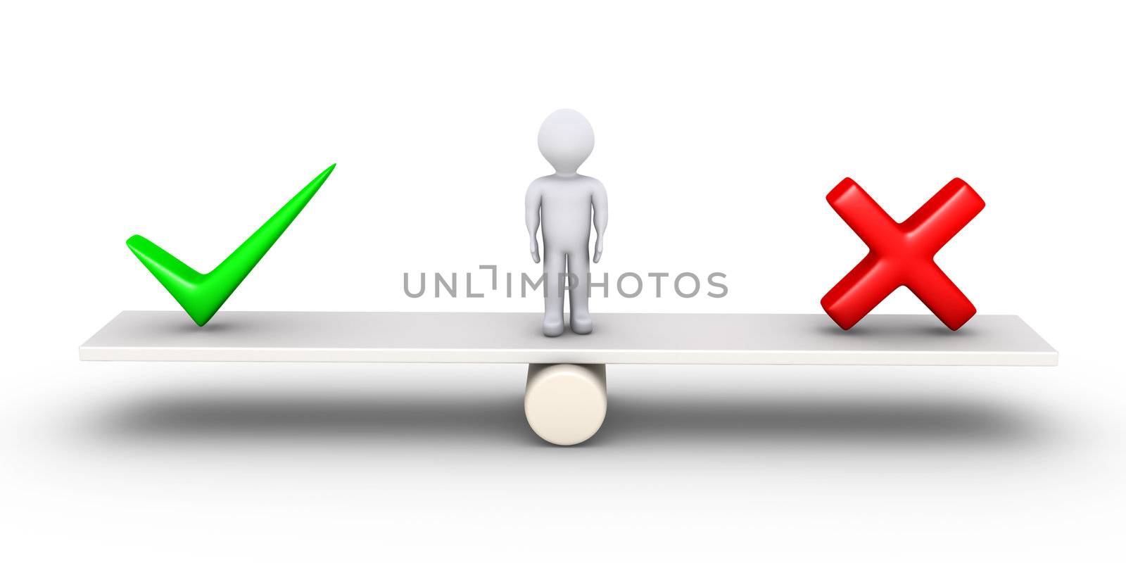 3d person standing on a seesaw between a check mark and a cross