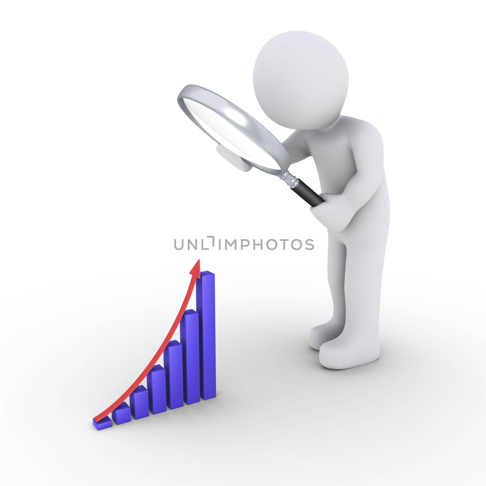 3d person holding a magnifier is looking at a small graphic chart