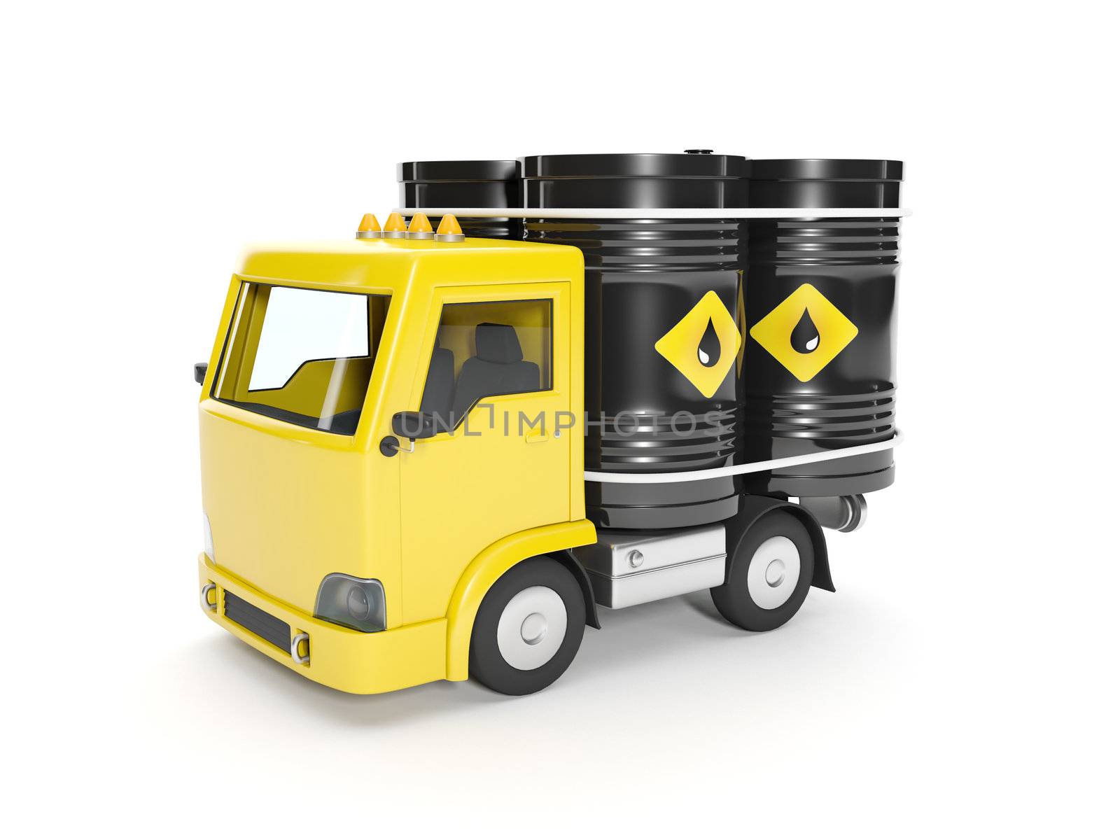 3d illustration: Delivery of oil. Truck and barrels of oil by kolobsek