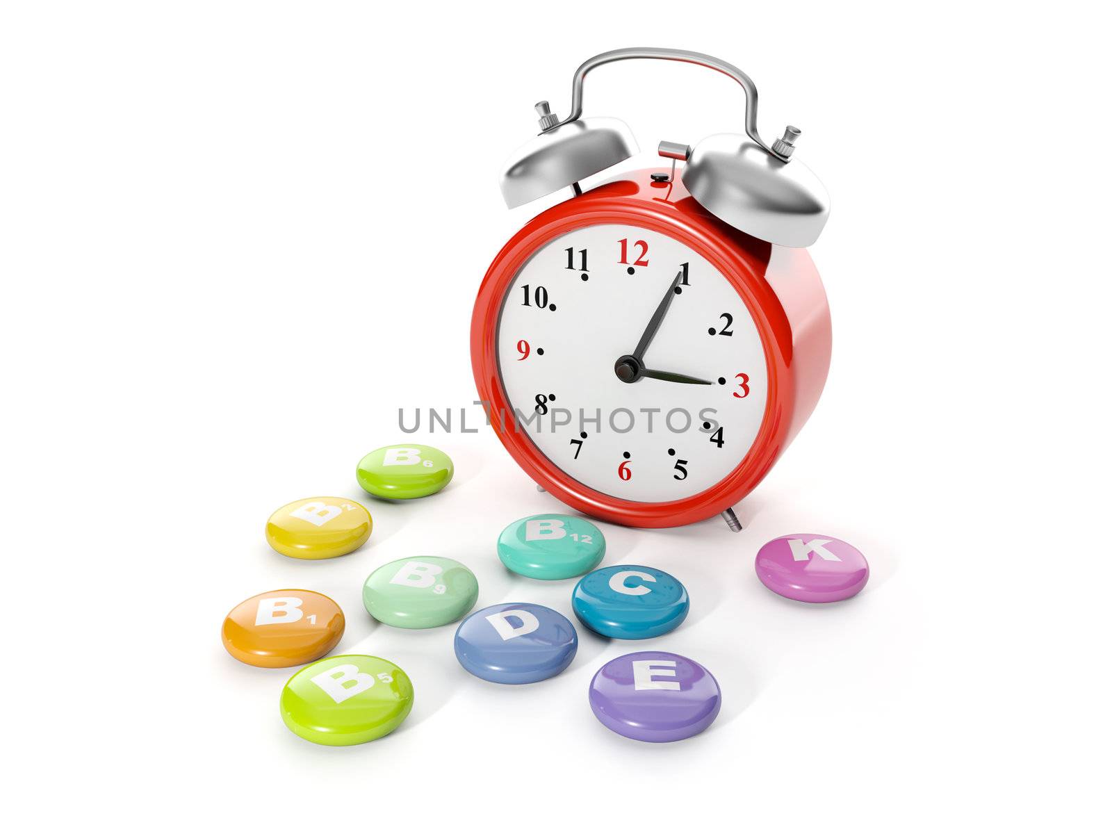 3d illustration: A big red alarm clock with a group of vitamins. by kolobsek