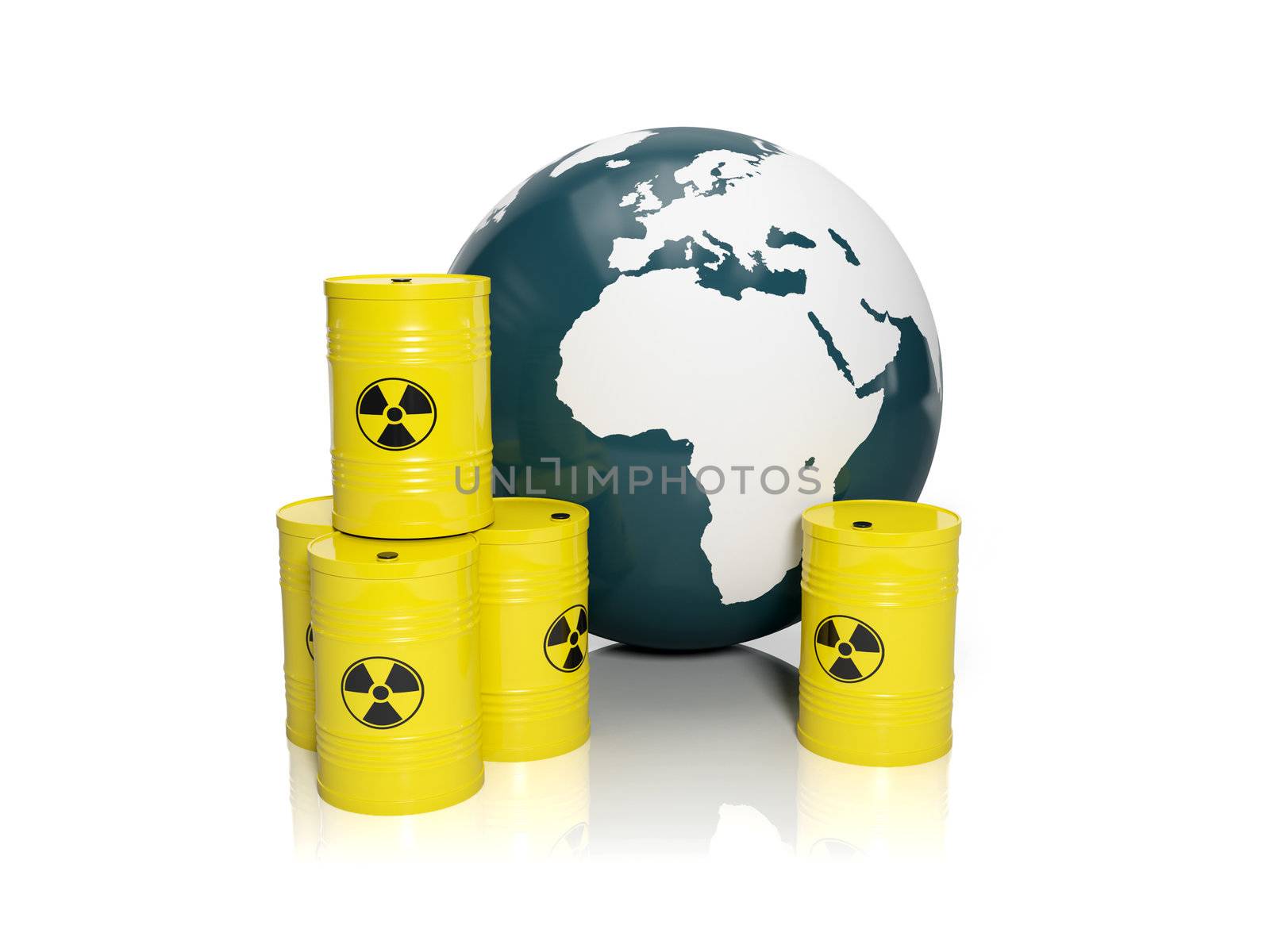 3d illustration: muddy ground nuclear waste. Barrels of nuclear waste and the model of the earth on a white background
