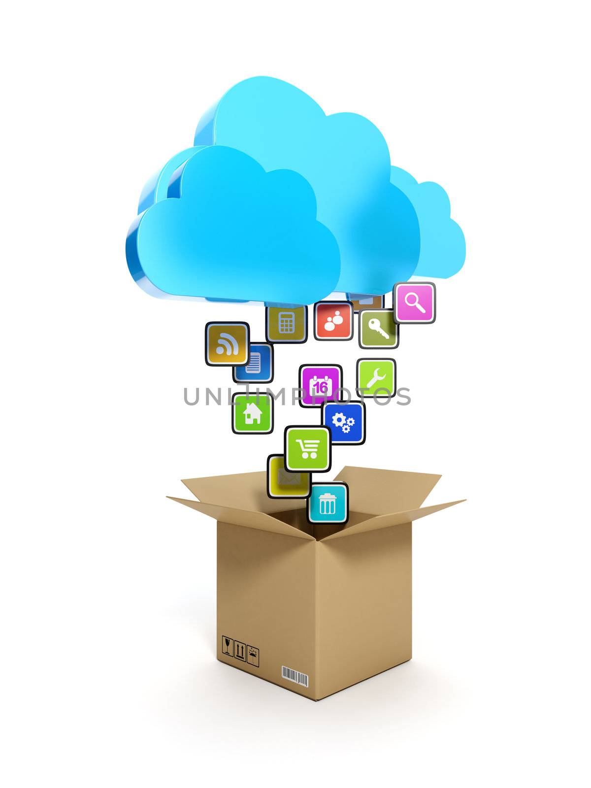 3d illustration: Downloading mobile icons. A blue cloud and a box with icons on a white background
