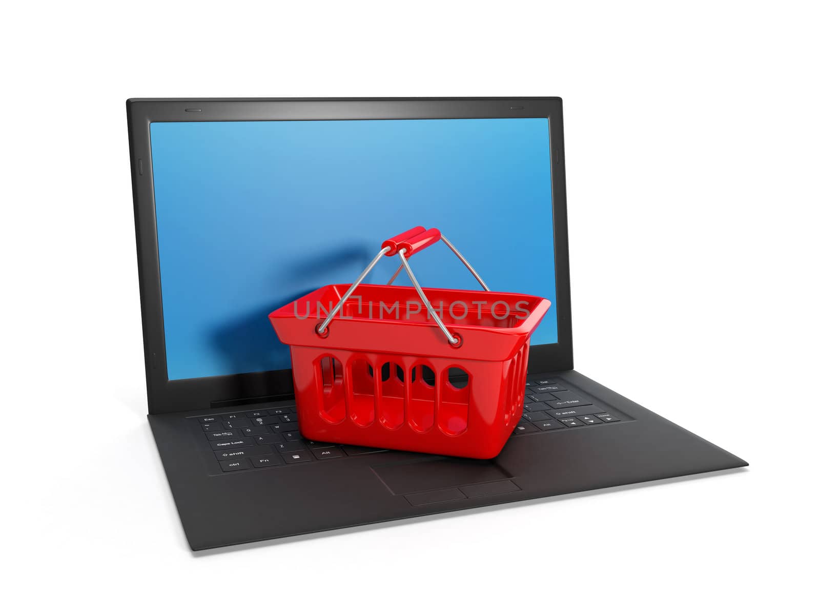 3d illustration: Buying over the Internet, online. Laptop shopping basket on a white background