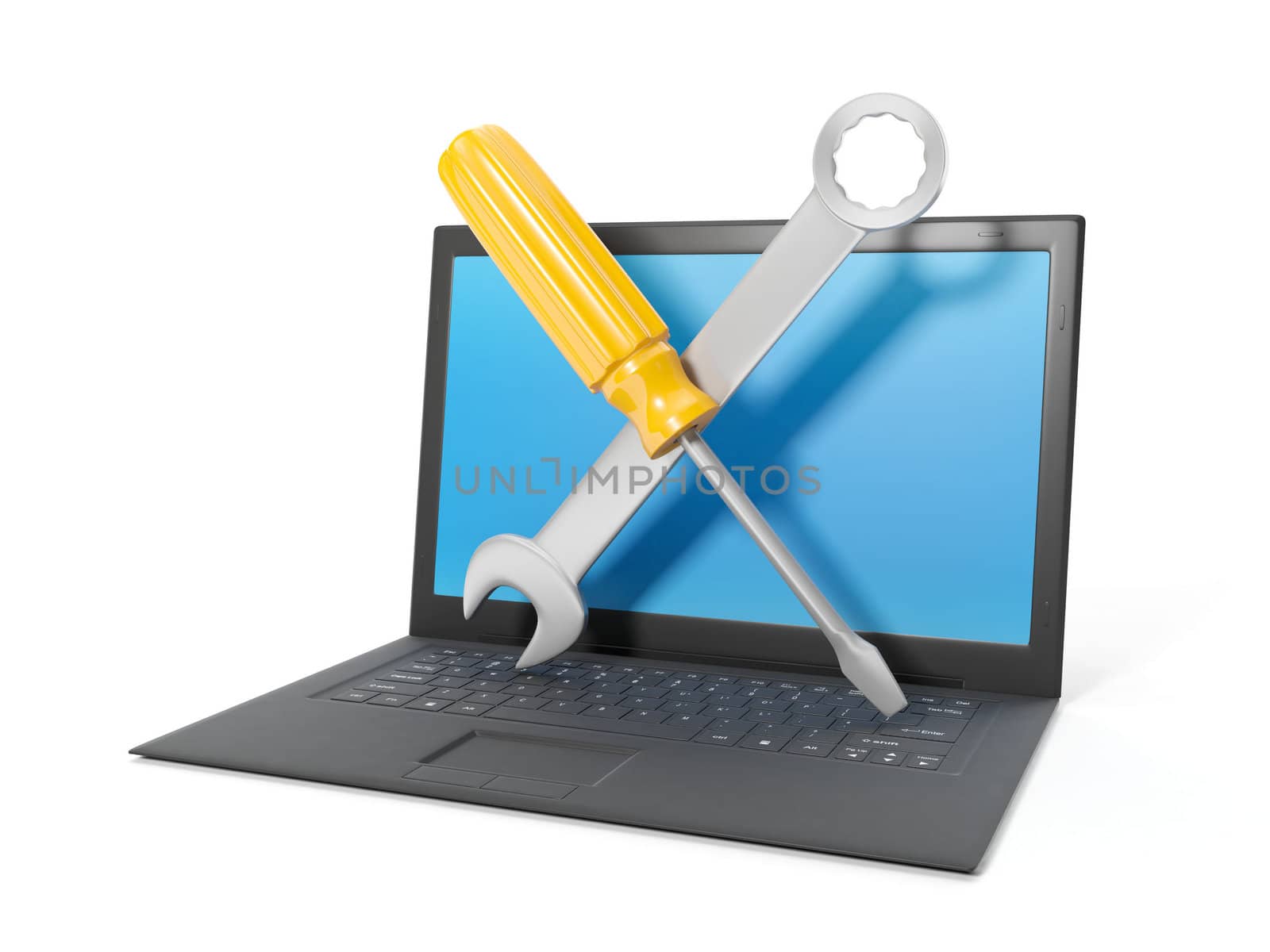 3d illustration: computer repair, laptop black on a white background. Tehpod