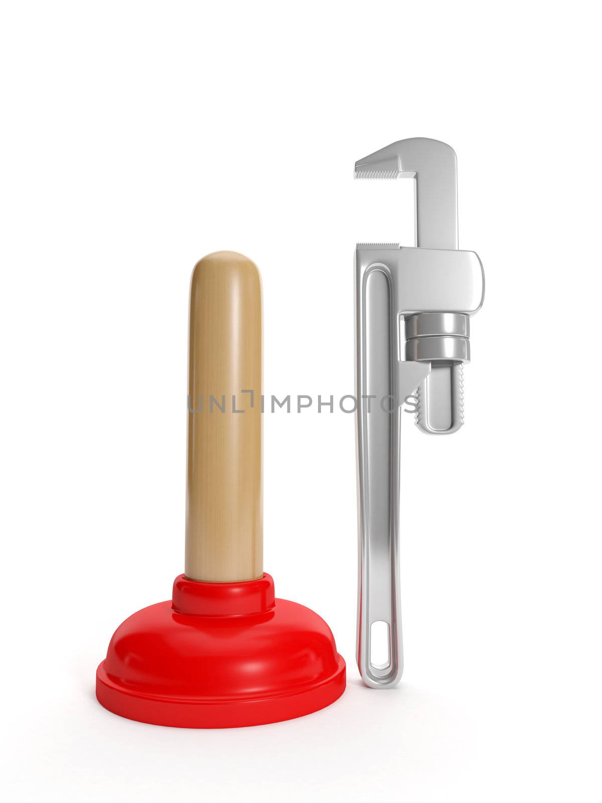 3D Illustration: plunger and a wrench on a white background