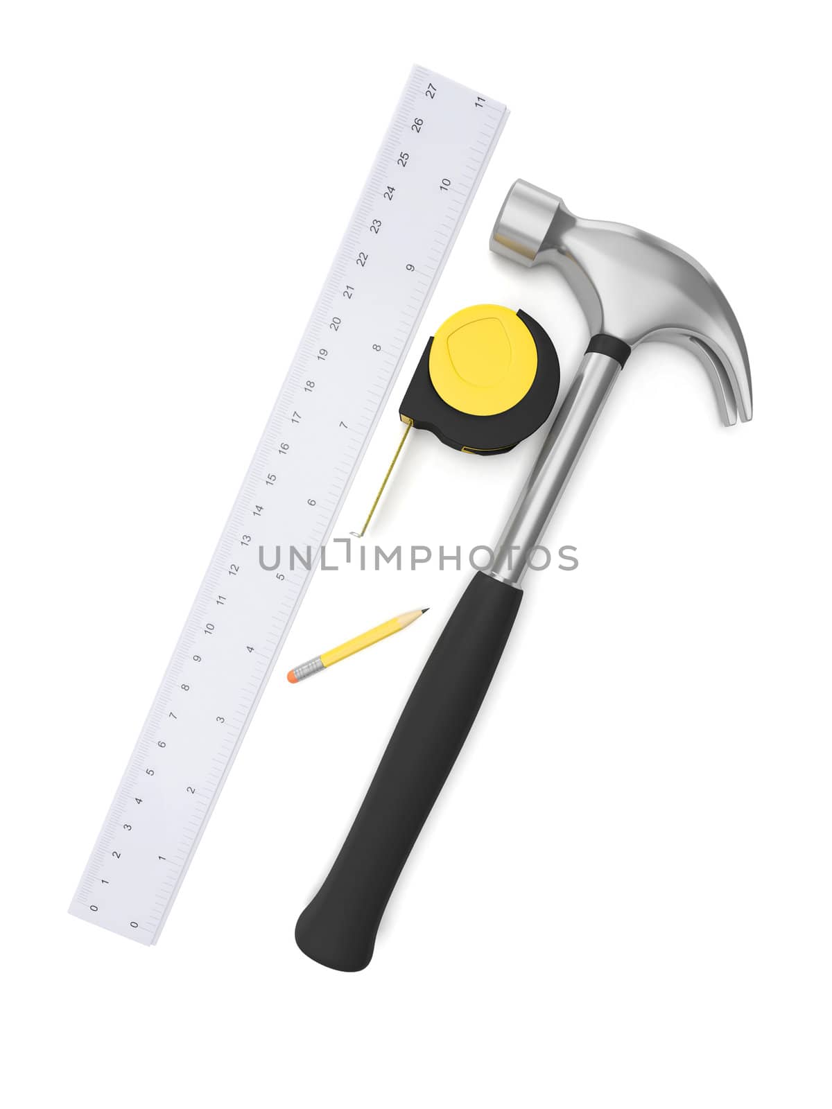 3d illustration: hammer, ruler, pencil on white background