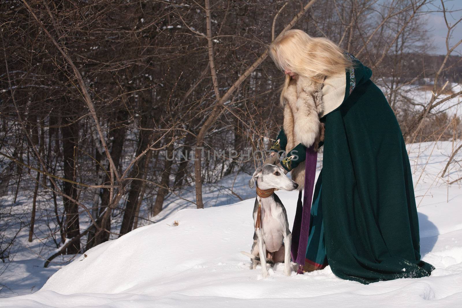 A blonde girl and a standing grey saluki on snow
