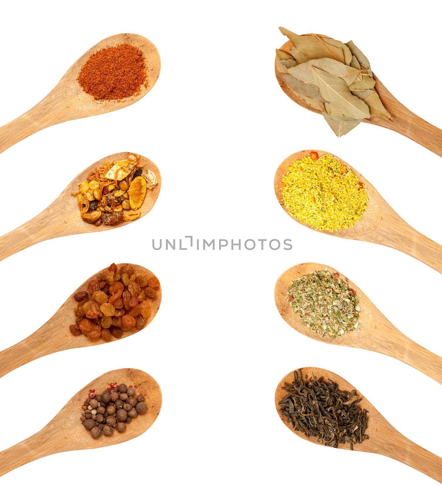 wooden spoons with seasonings on a white background, each one is shot separately