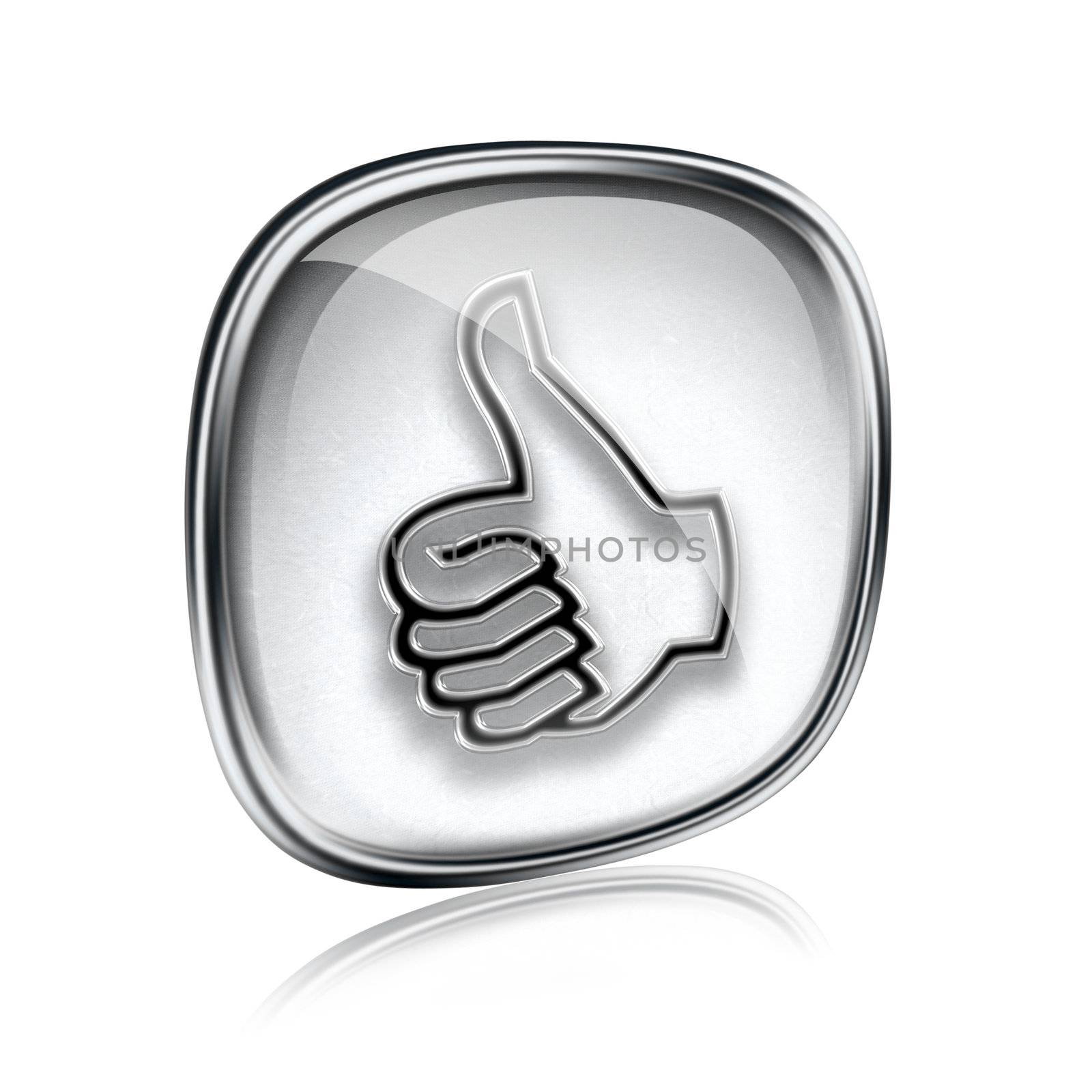 thumb up icon grey glass, approval Hand Gesture, isolated on white background.