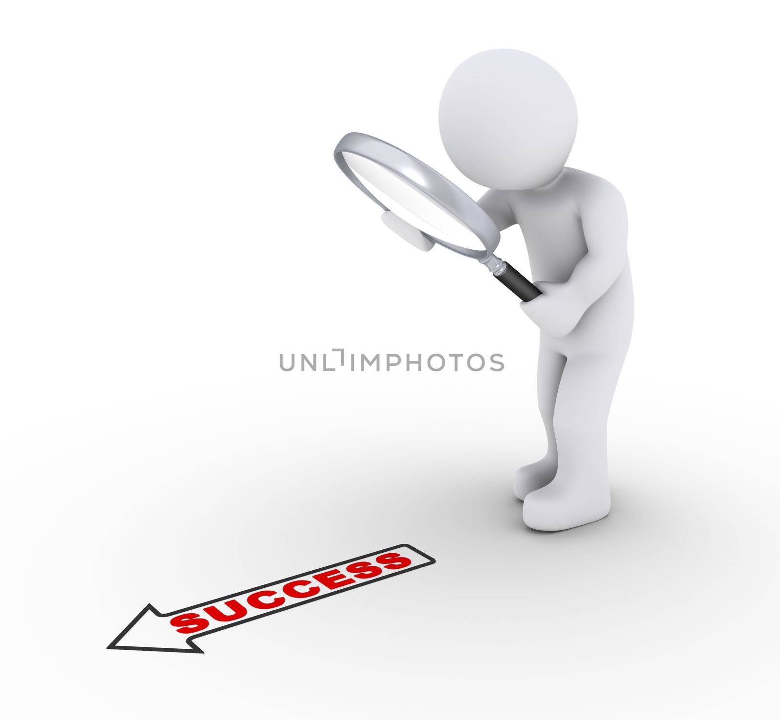 3d person holding a magnifier is looking at a success word with arrow