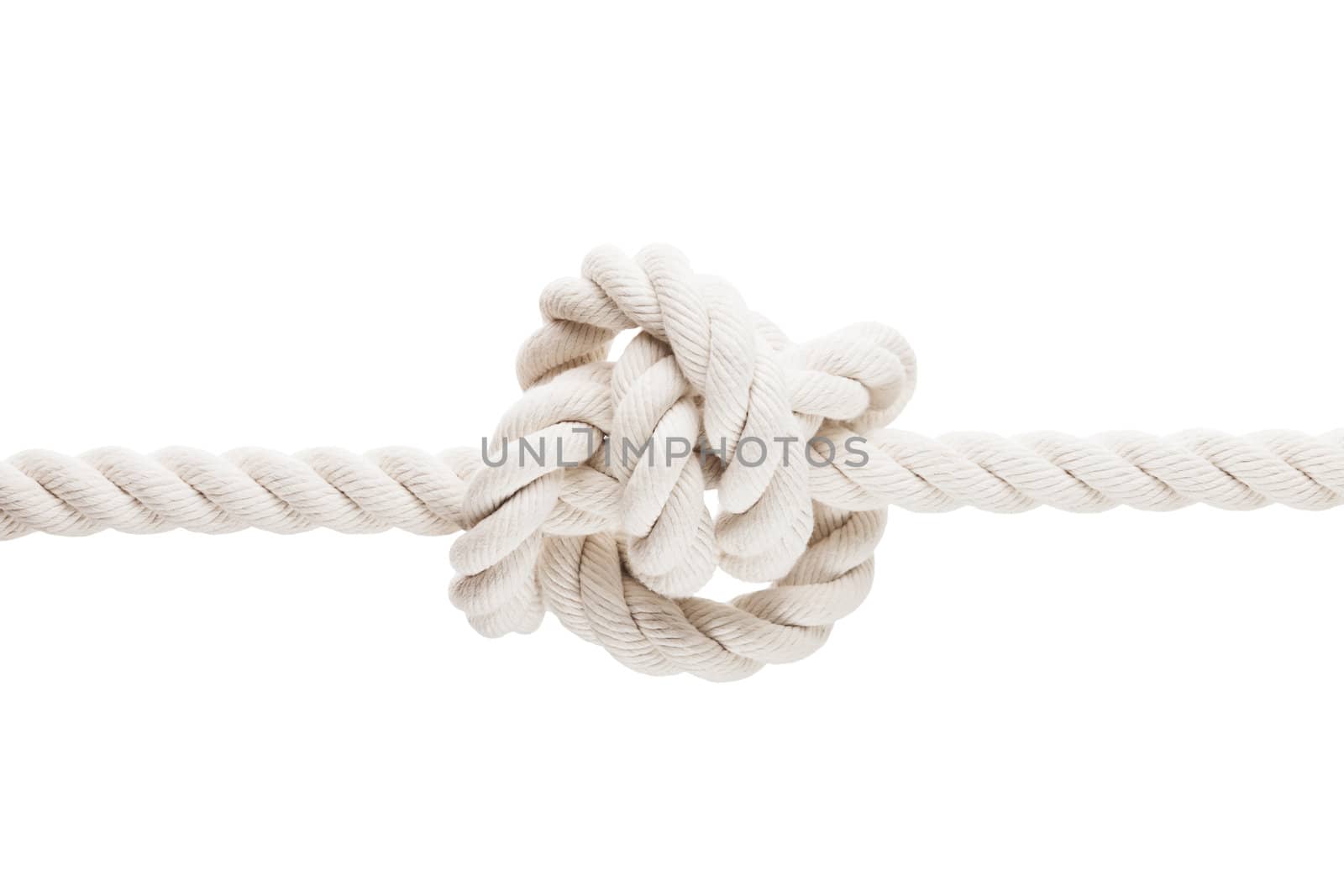 Twisted rope or string with tied knot white isolated