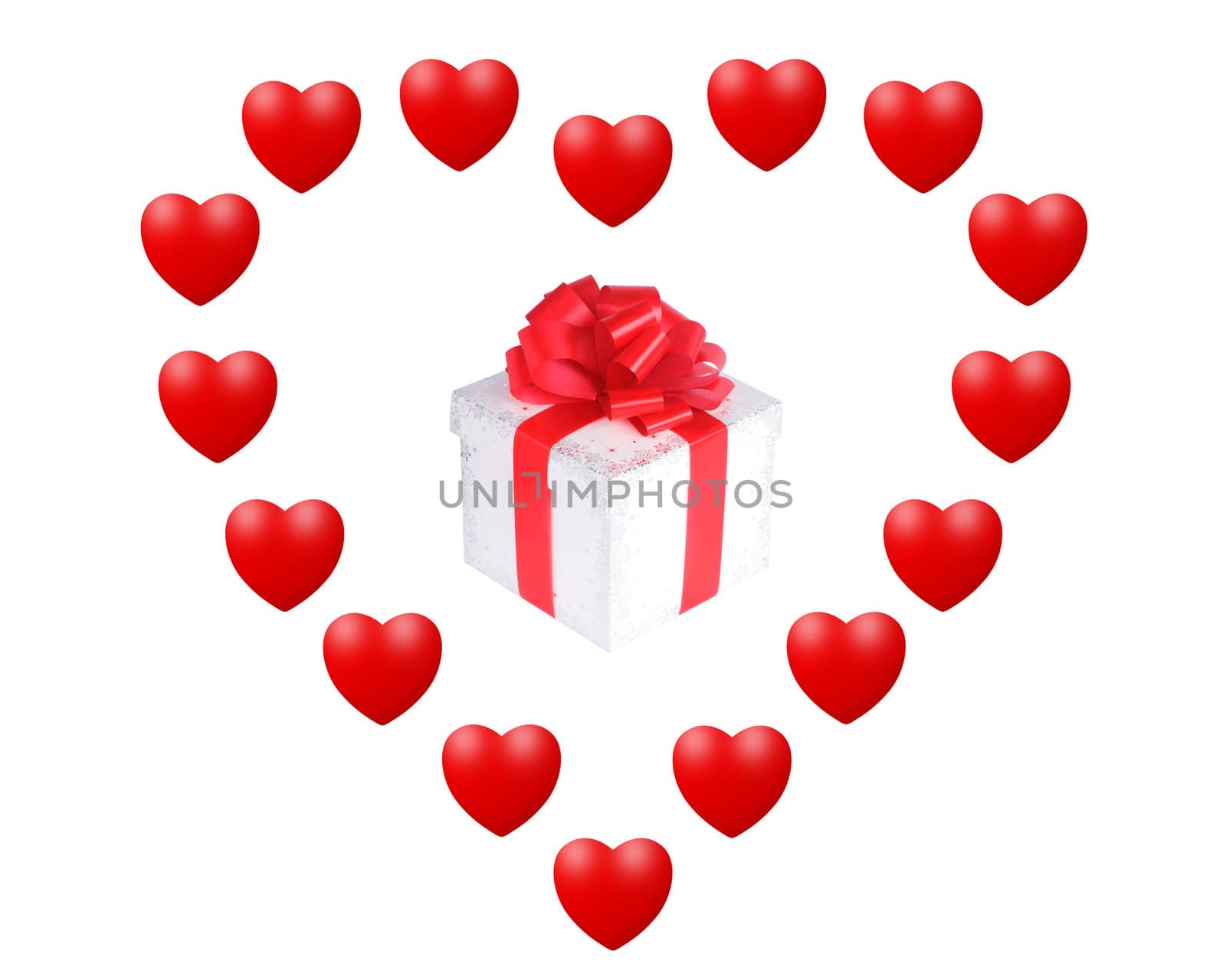 Gift box surrounding with small hearts in heart shape, isolated on white