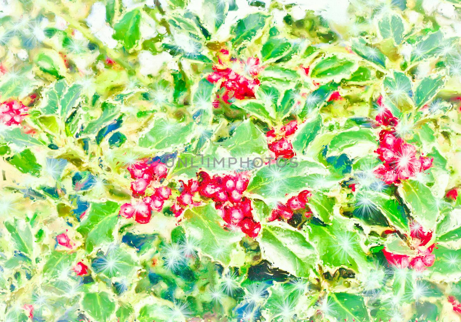 Textured digital painting of winter berries and snow flakes