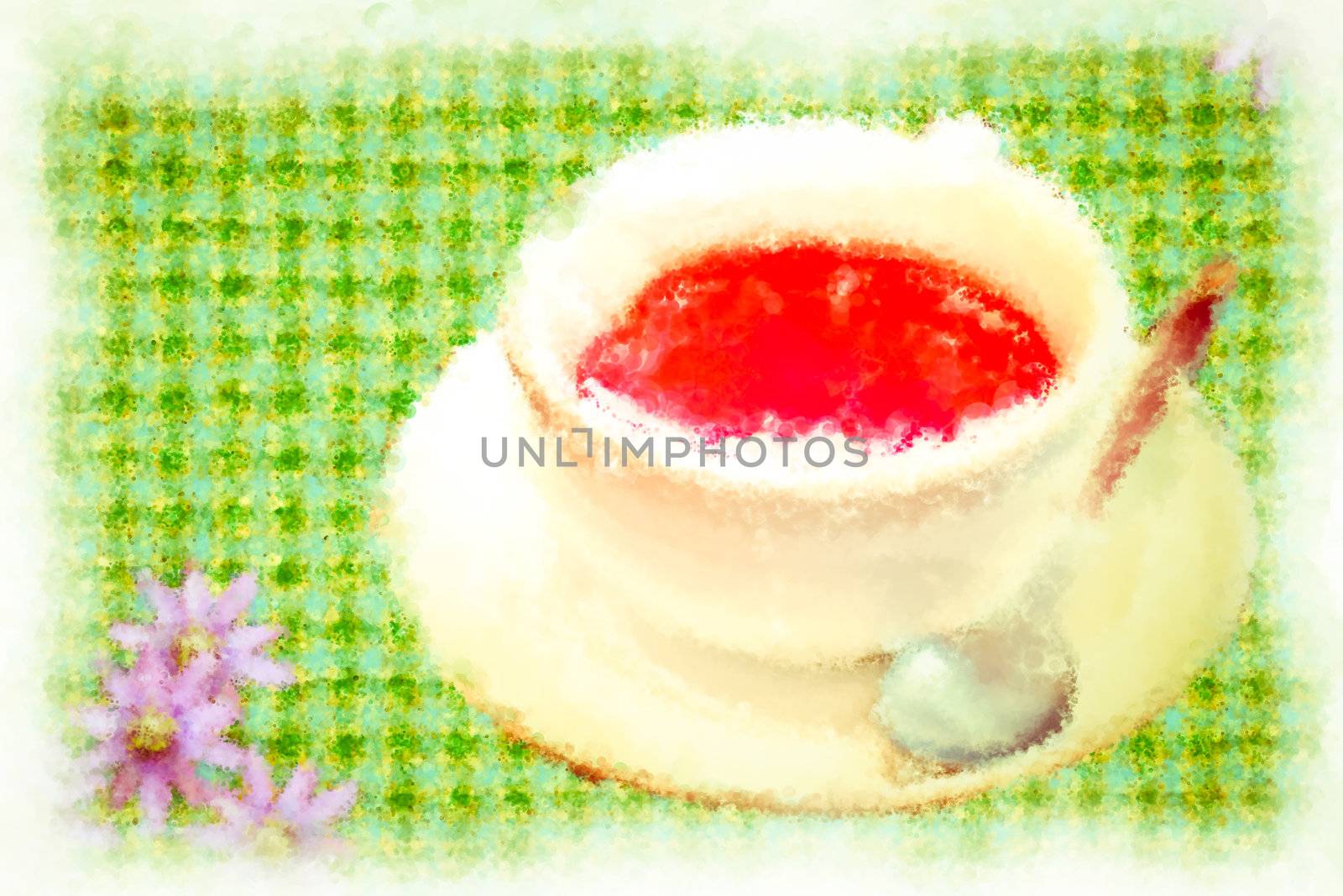 Nice digital watercolor image of a cup of herbal tea brewin in a white cup