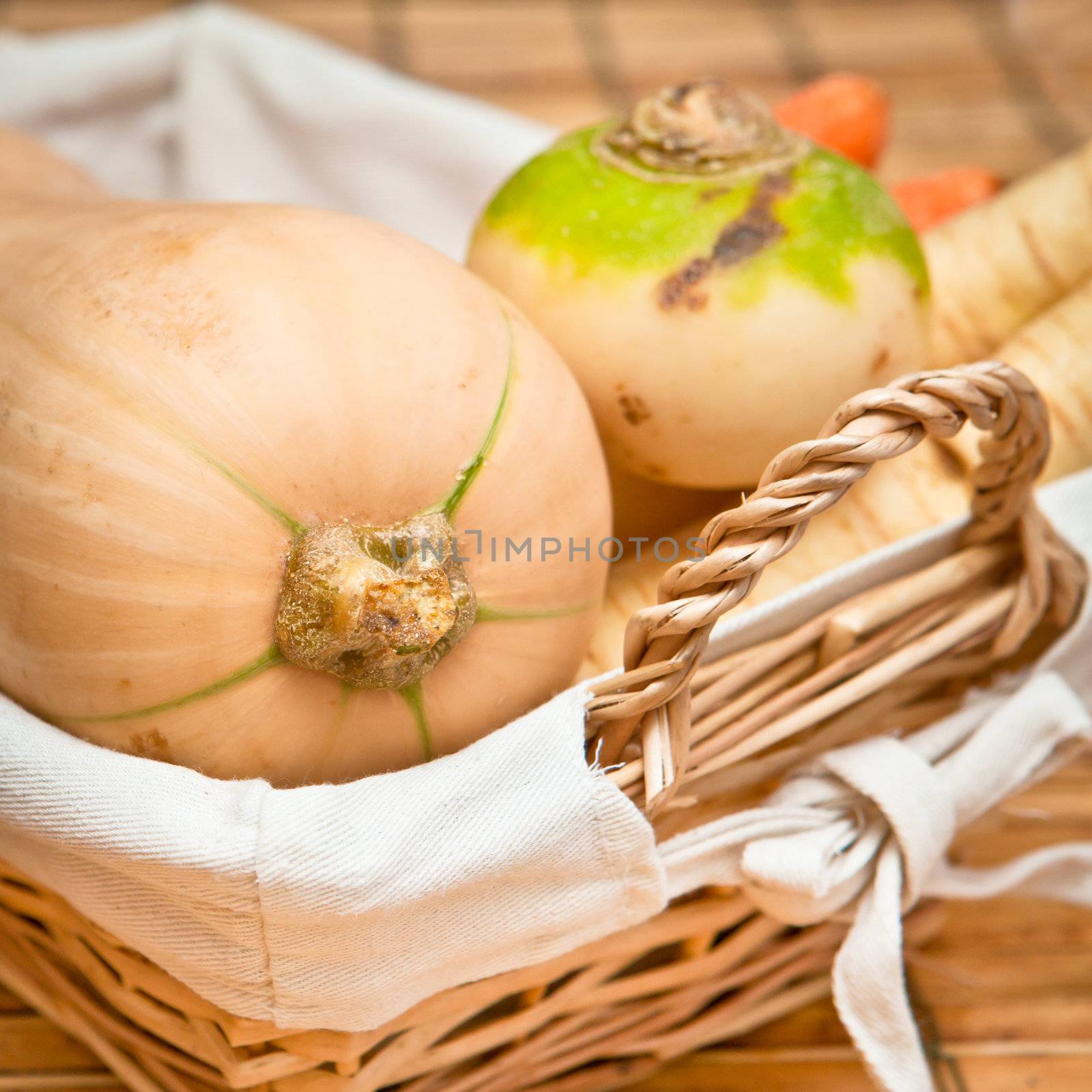 Basket of winter root vegetables typical in northern europe