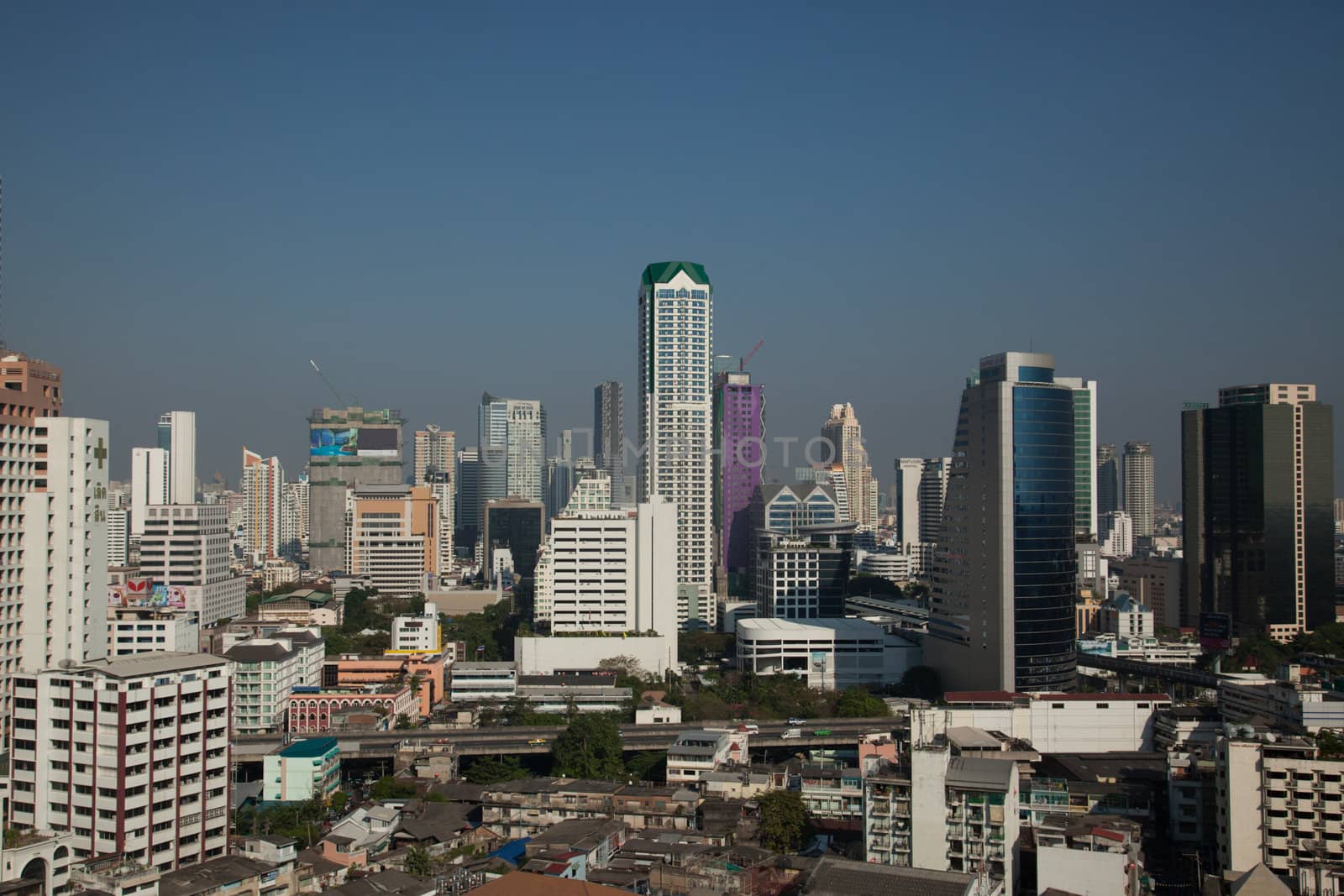 An afternoon view of skyscrapers in Bangkok taken from near the Chao Phraya River