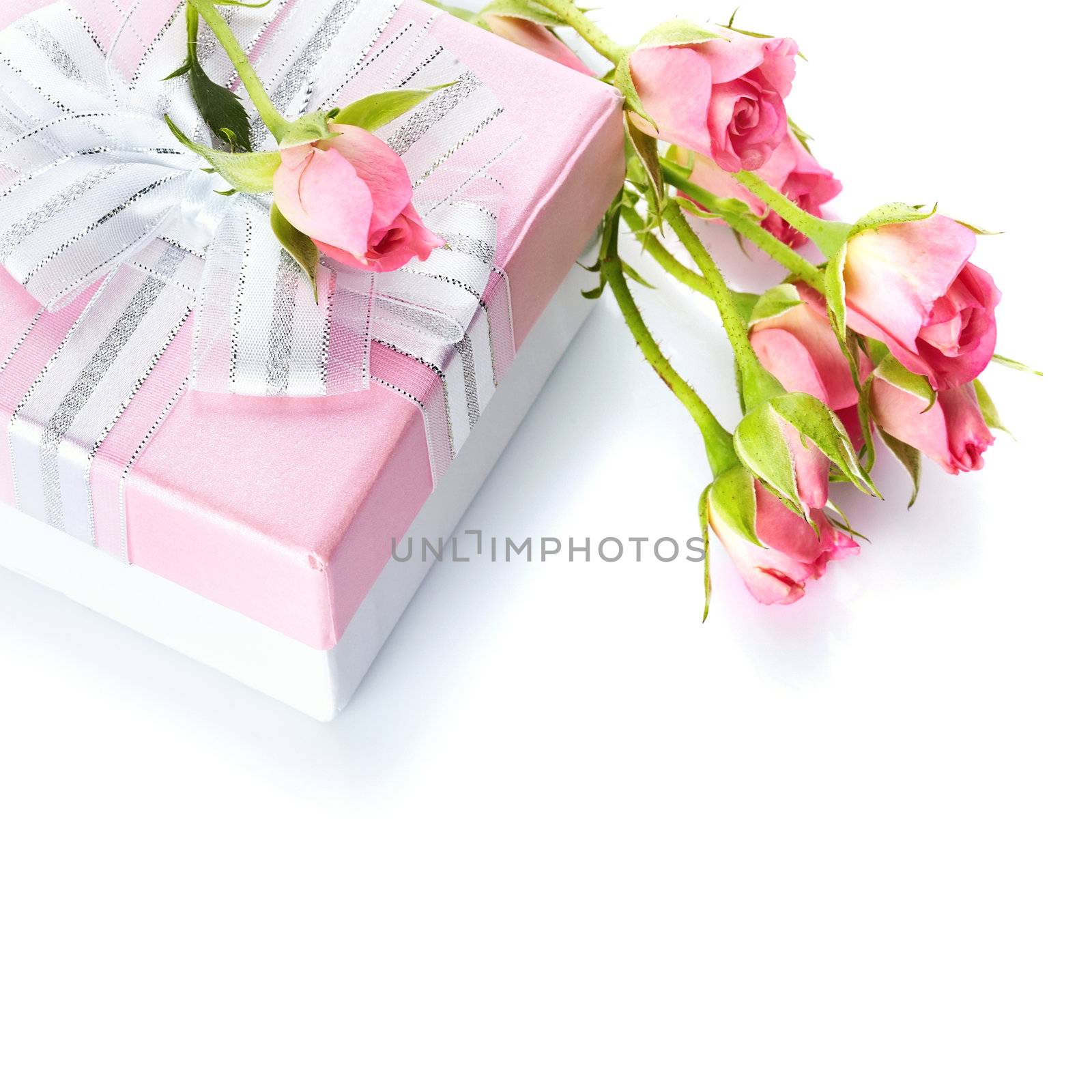 Gift box and roses. Festive surprise. Box with a bow. Elegant gift.