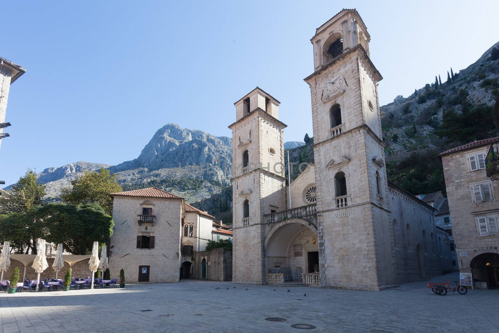 Twin towers of Cathedral of Saint Tryphon in Unesco protected Kotor Montenegro