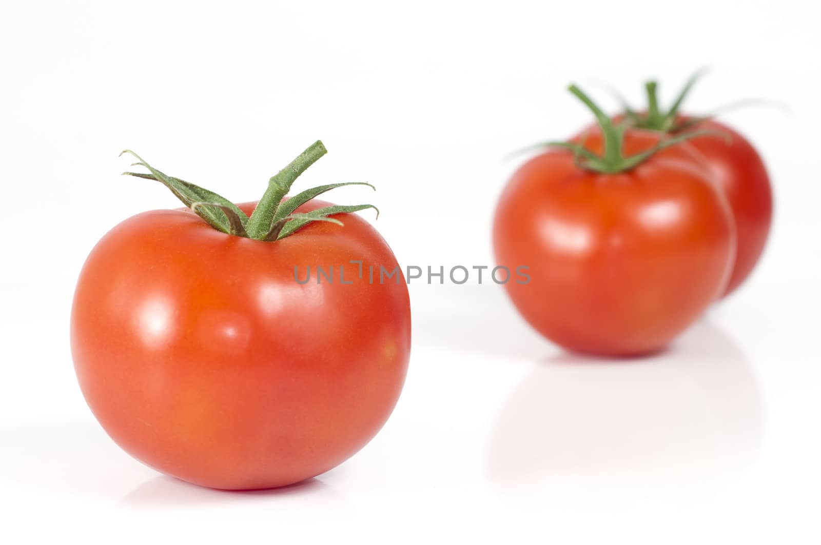 Selective focus on the foreground tomato with two tomatoes in the background isolated on white