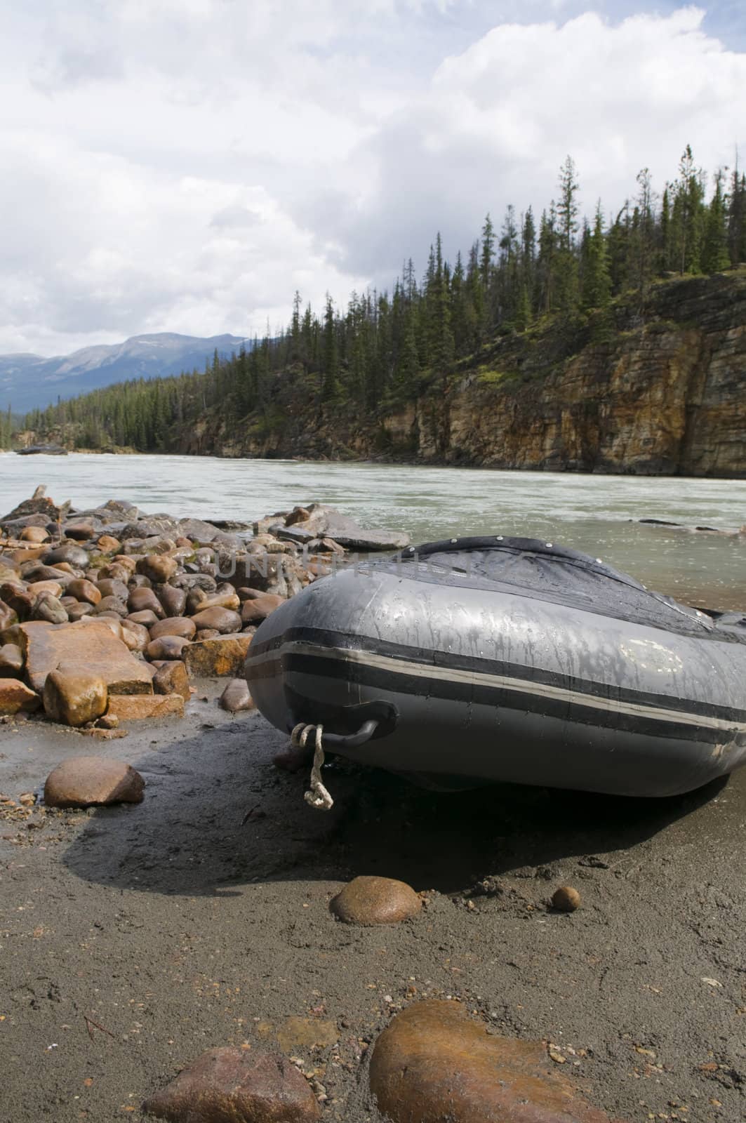Raft in place for the trip down the Athabasca River located in Jasper National Park