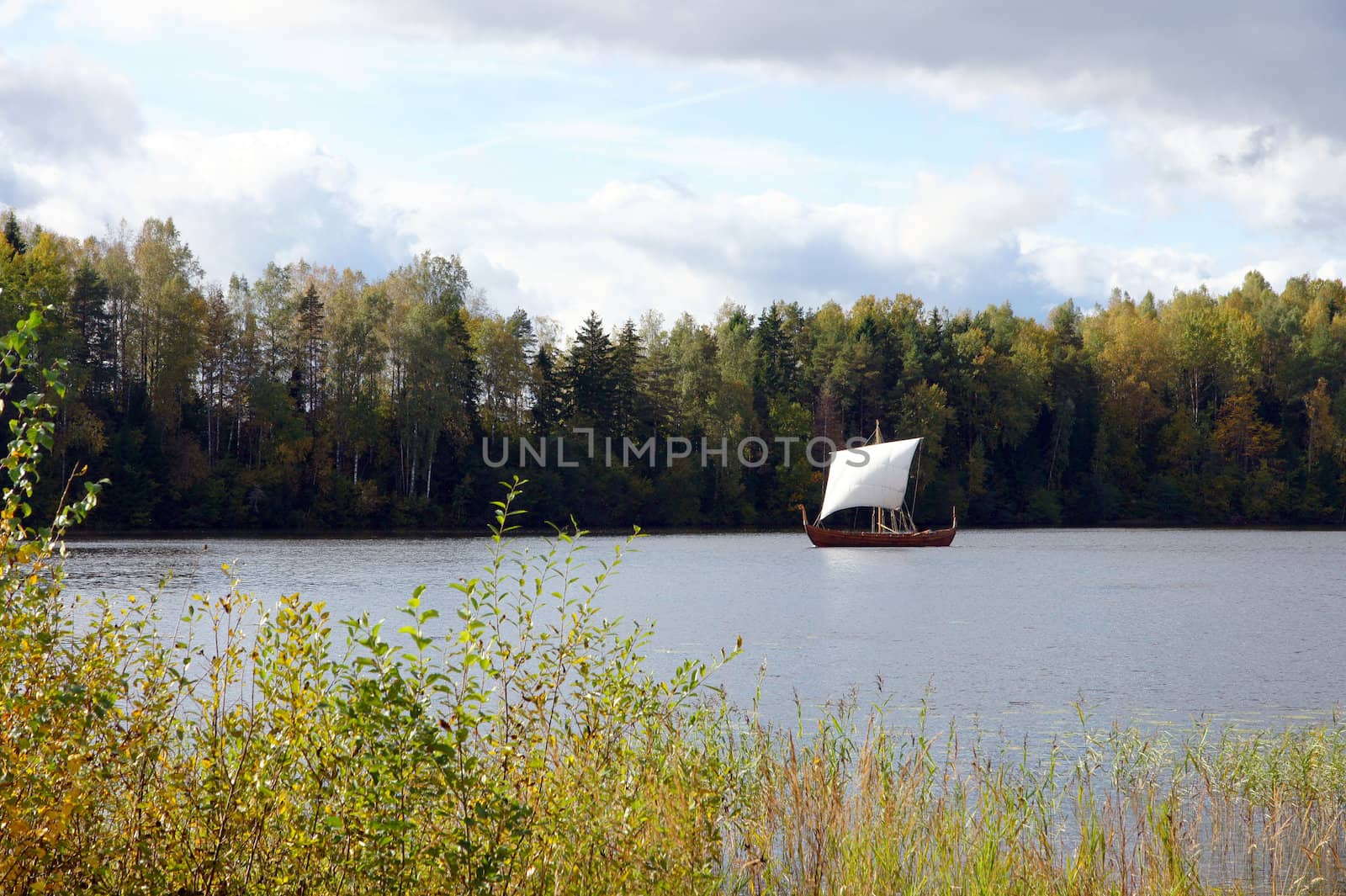 Sailing boat on a background of a forest and the sky