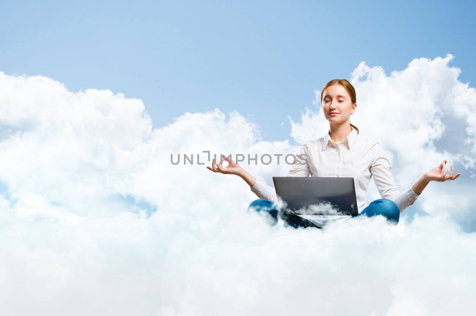 young girl meditating on the clouds with a laptop, dreaming at work
