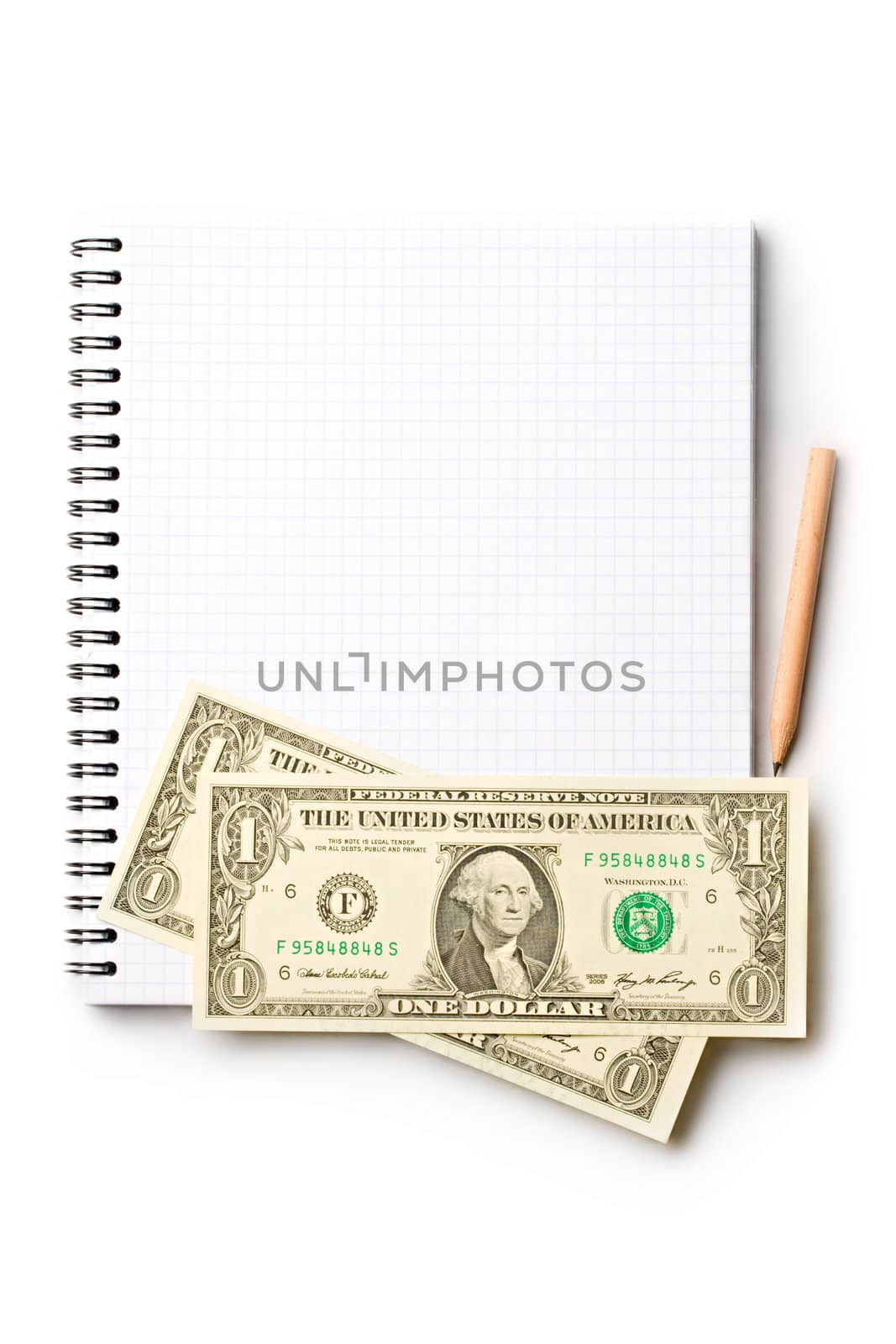 Notepad, pencil, dollar isolated on white by Garsya
