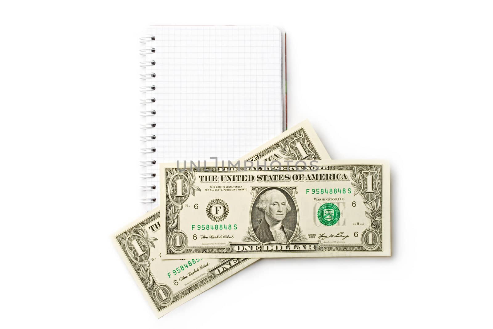 Notepad, dollar isolated on white by Garsya