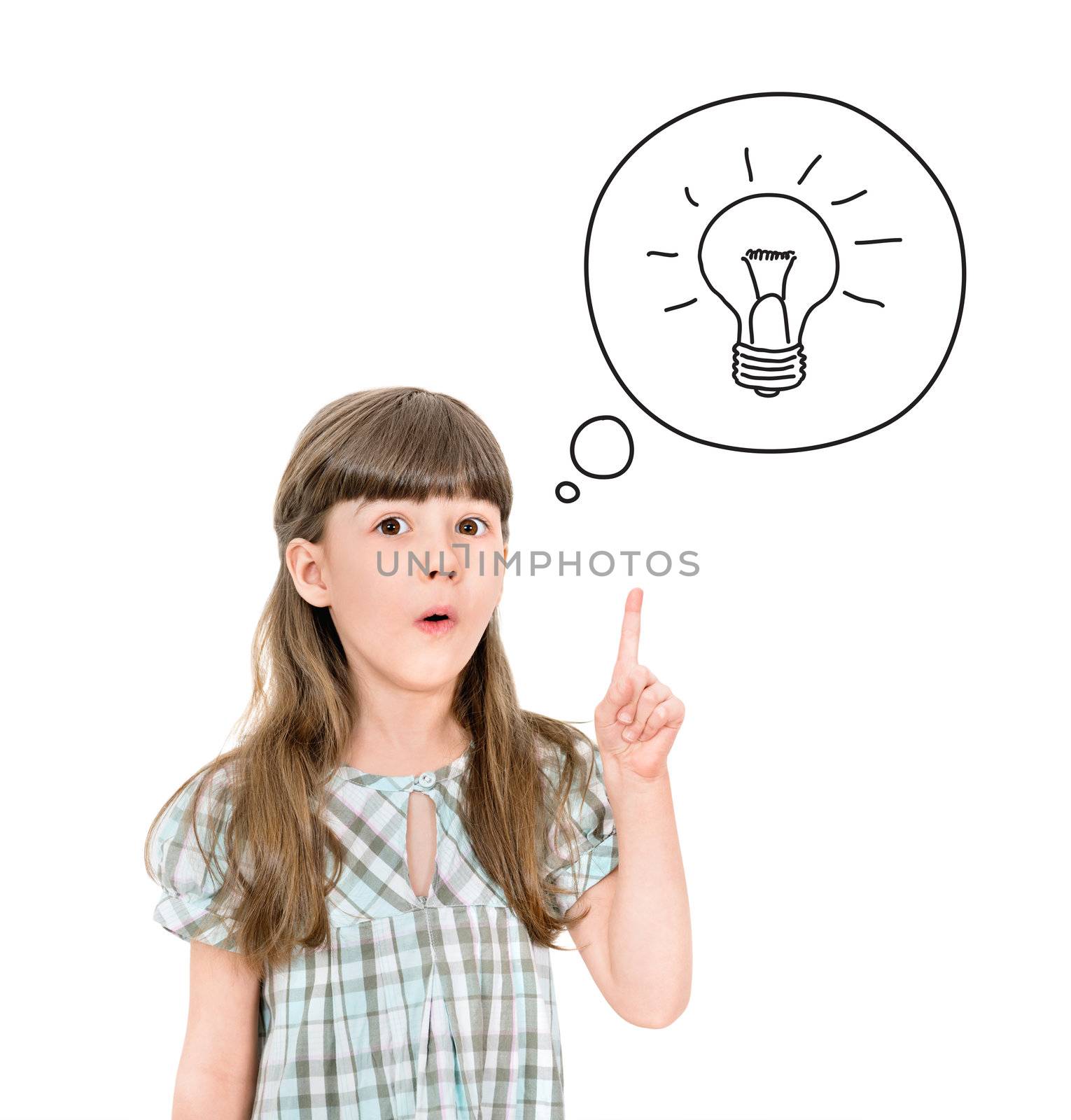 Clever little girl with a bright idea symbol pointing upwards with her finger to gain attention. Isolated on white.